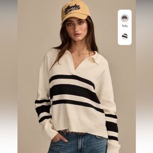 Lucky Brand Rugby Striped Blue and White Sweater